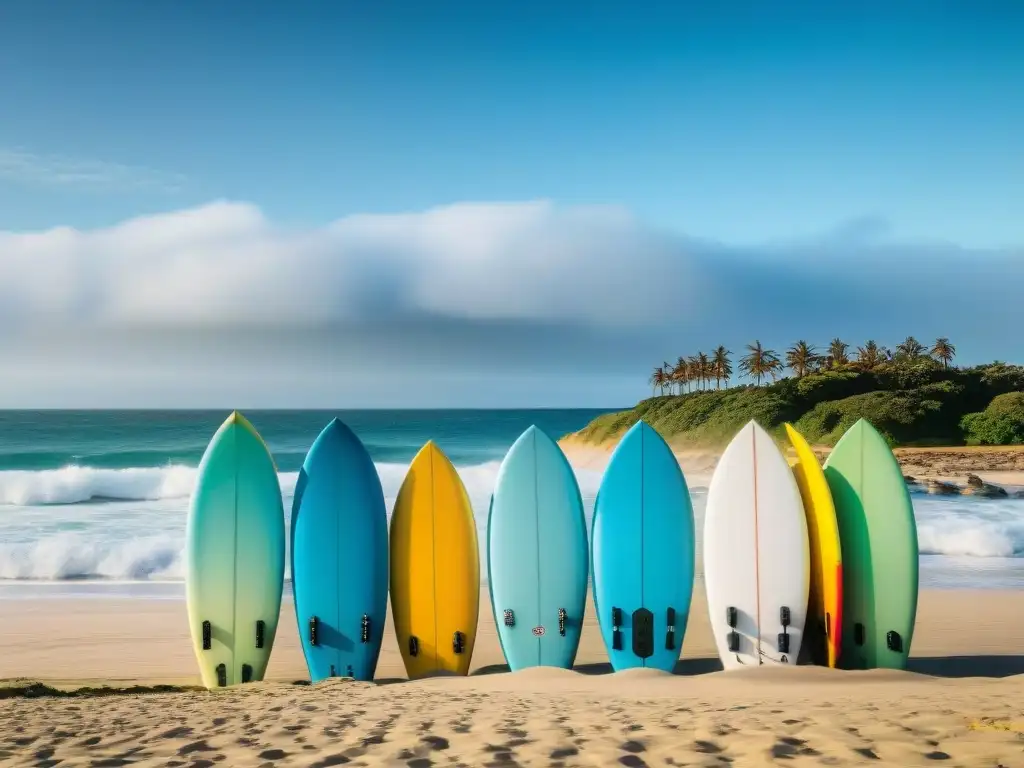 Un vibrante día de playa en Uruguay con surfistas emocionados preparándose para los Campeonatos de surf Uruguay 2023