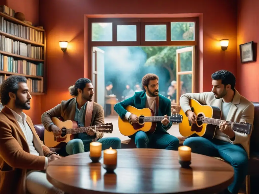 Un vibrante encuentro de músicos y poetas en un café uruguayo, reflejando la sinergia entre poesía y música del cancionero uruguayo