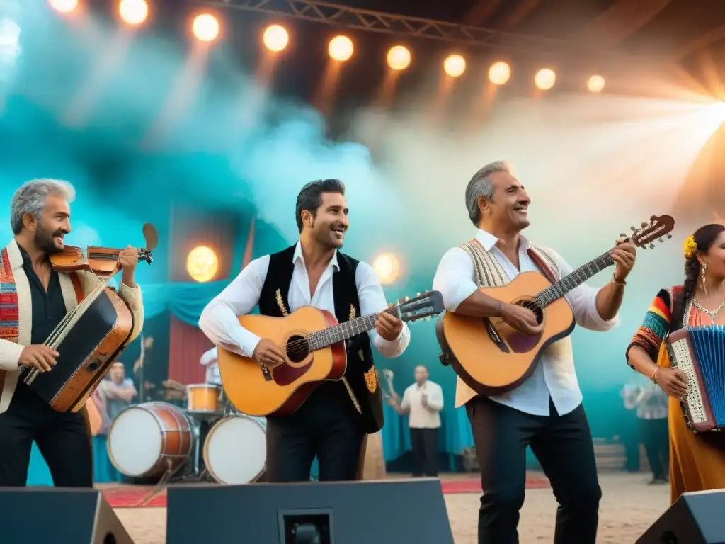 Un vibrante Encuentro de música tradicional Uruguayana en un escenario lleno de color y energía, con músicos apasionados y público entusiasta