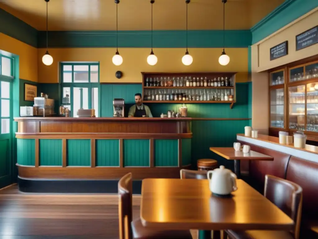 Vibrante escena en un café histórico de Uruguay, con muebles vintage, luz cálida y ambiente nostálgico