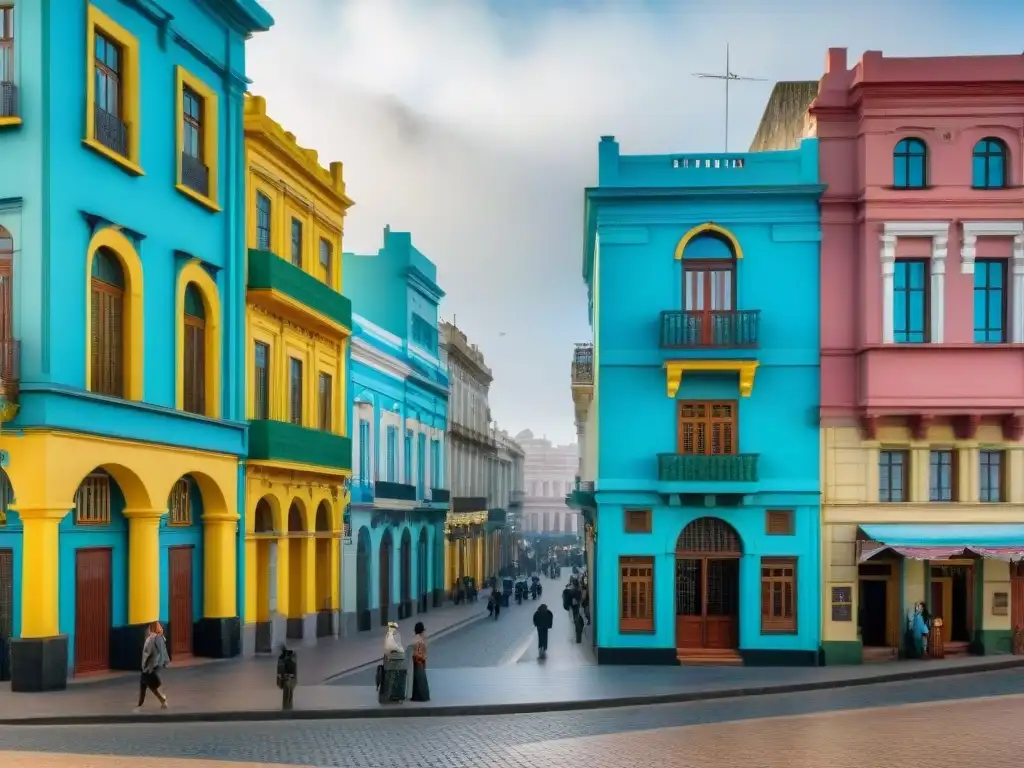 Vibrante escena callejera en Montevideo, Uruguay, con edificios coloniales coloridos y locales en actividades diarias