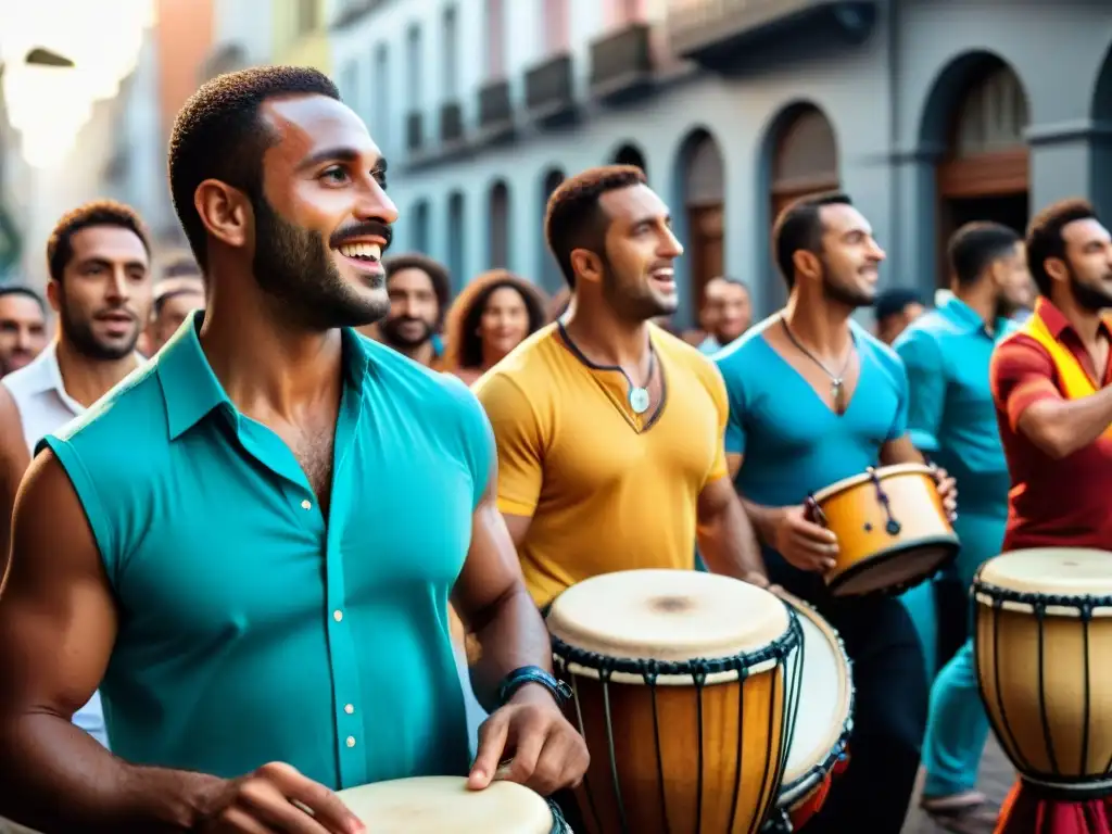 Una vibrante escena callejera en Montevideo con músicos tocando tambores de candombe uruguayo, fusionando raíces africanas y música uruguaya