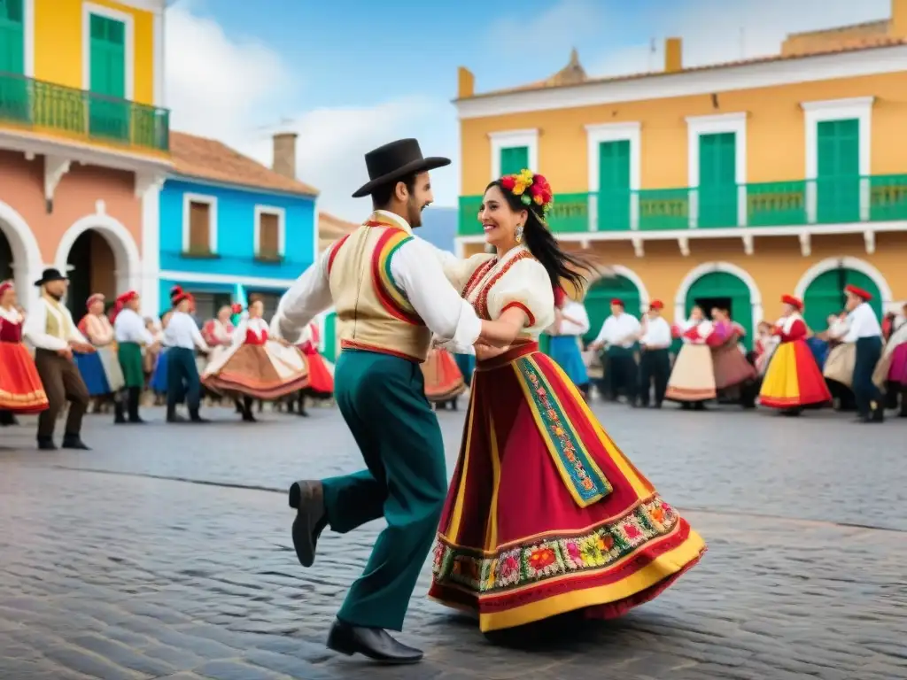 Una vibrante escena de danza folclórica uruguaya tradicional en una plaza colorida, con trajes elaborados y expresiones llenas de pasión y alegría