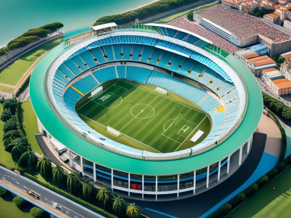 Vibrante escena en el Estadio Centenario durante un partido de fútbol, capturando la pasión de los legendarios estadios de fútbol en Uruguay