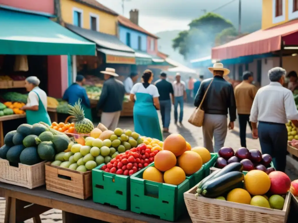 Vibrante escena en una feria vecinal en Uruguay con coloridas frutas y verduras, vendedores y músicos en vivo