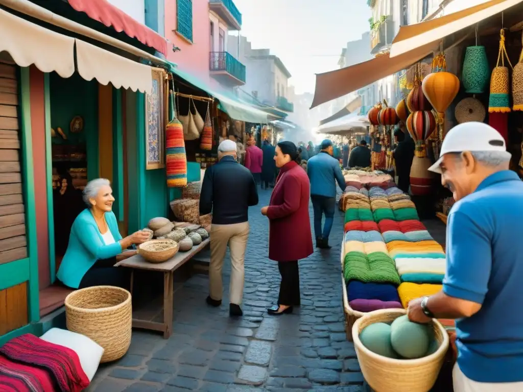 Vibrante escena de mercadillo en Montevideo, Uruguay, donde el arte y la cultura local cobran vida en un ambiente lleno de color y creatividad