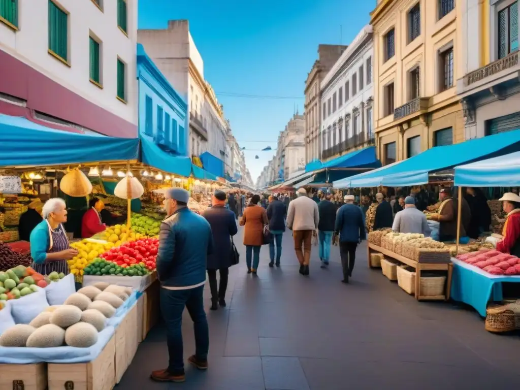 Vibrante escena en Mercadillos de Montevideo: coloridas artesanías, textiles y arte bajo cielo azul, energía y cultura