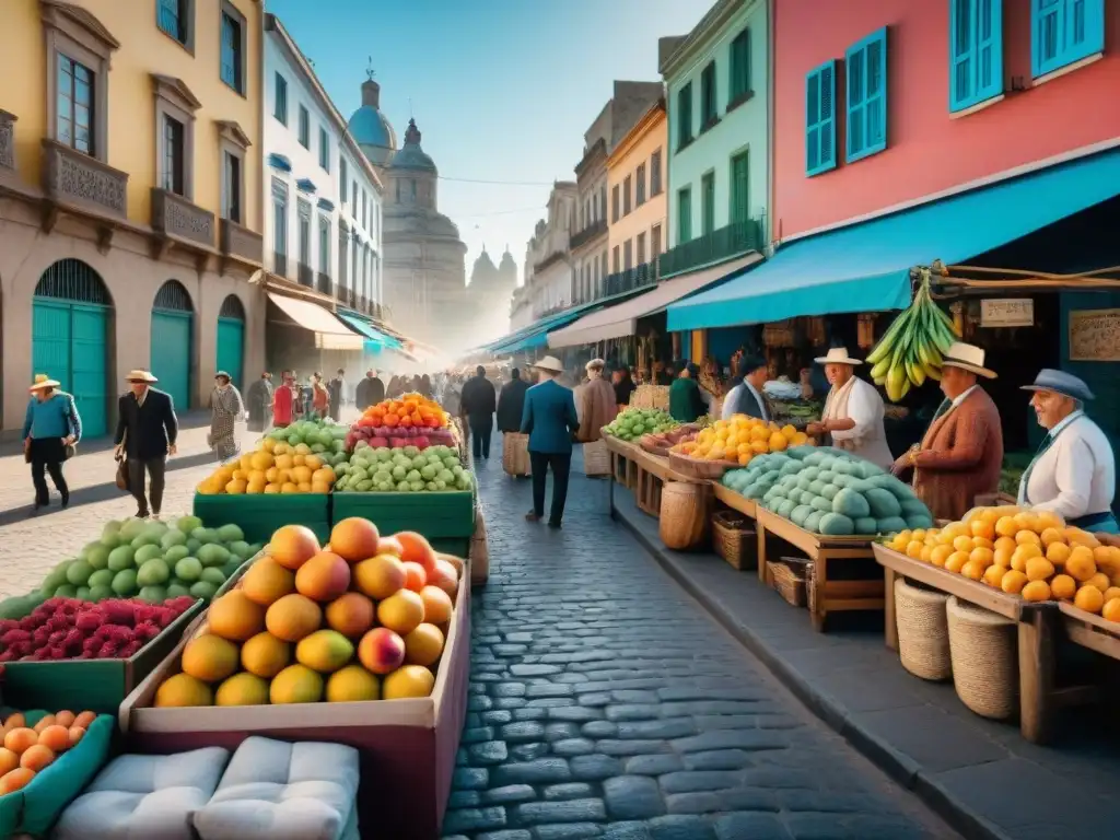 Una vibrante escena de mercado en Montevideo, Uruguay, con frutas coloridas, textiles tradicionales y artesanos locales