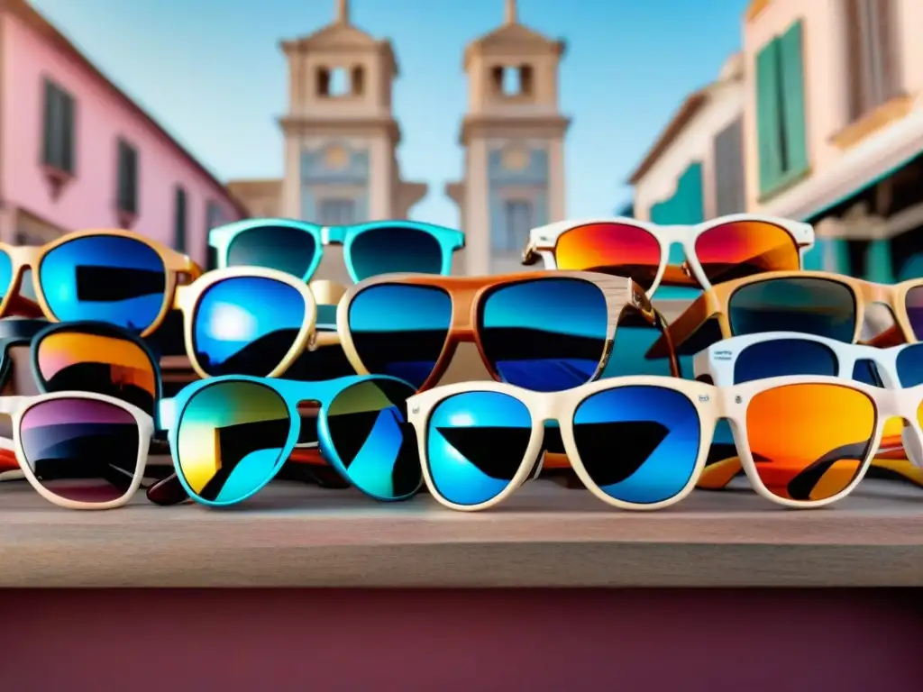 Una vibrante escena de mercado en Montevideo con gafas de sol para Uruguay en un atardecer cálido y bullicioso