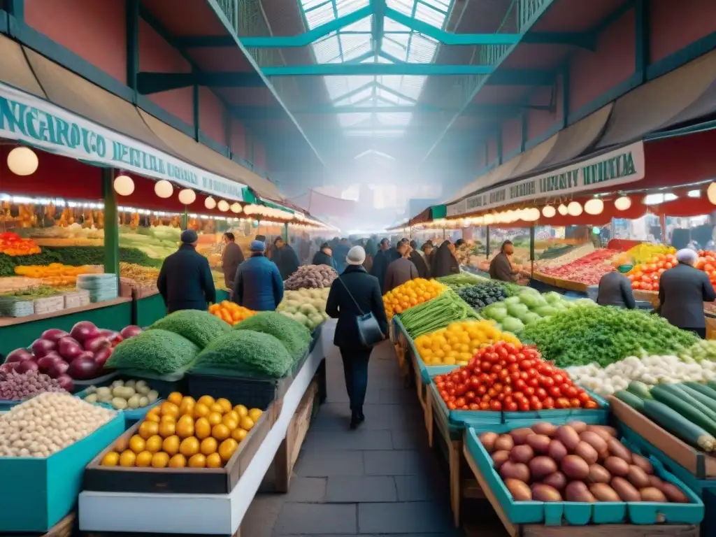 Una vibrante escena del Mercado del Puerto en Montevideo, Uruguay, con vendedores locales y coloridos productos