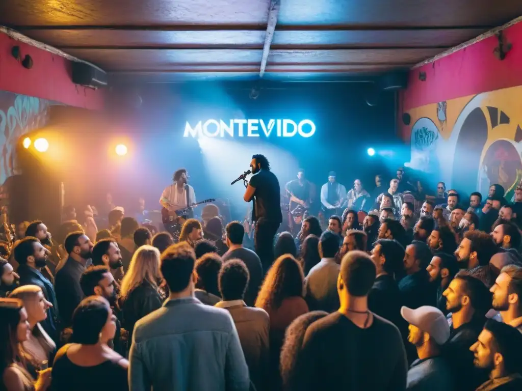 Vibrante escena musical alternativa en Uruguay: concierto en un local subterráneo, músicos en el escenario, público entregado y luces de colores