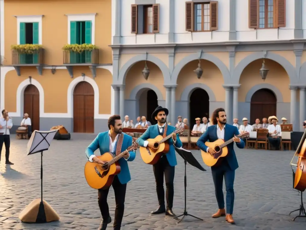 Una vibrante escena de músicos callejeros uruguayos en la Plaza Mayor de Colonia del Sacramento, con turistas y locales disfrutando