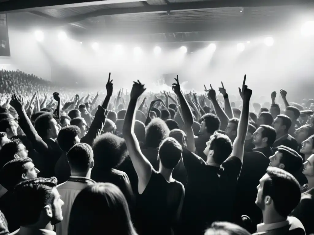 Vibrante escena de rock uruguayo en los 60: concierto lleno de energía con jóvenes músicos y entusiastas, evolución cultural