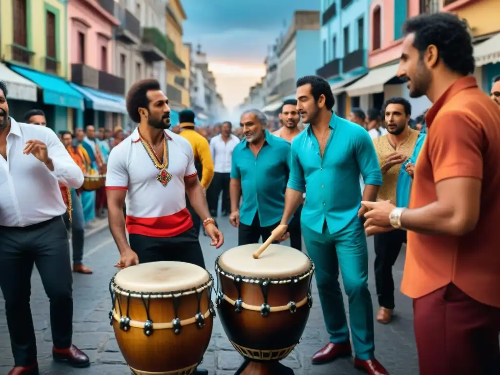 Una vibrante escena de tambores candombe en las calles de Montevideo, Uruguay, destacando la identidad musical de Uruguay