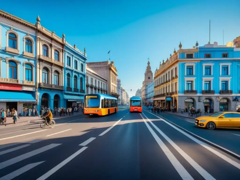 Vibrante escena urbana en Montevideo, Uruguay, con arquitectura tradicional y medios de transporte modernos