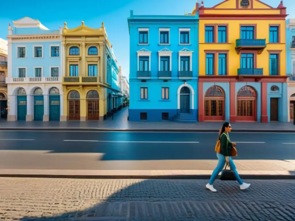 Vibrante escena urbana en Montevideo, Uruguay, con edificios coloniales coloridos y cielo azul