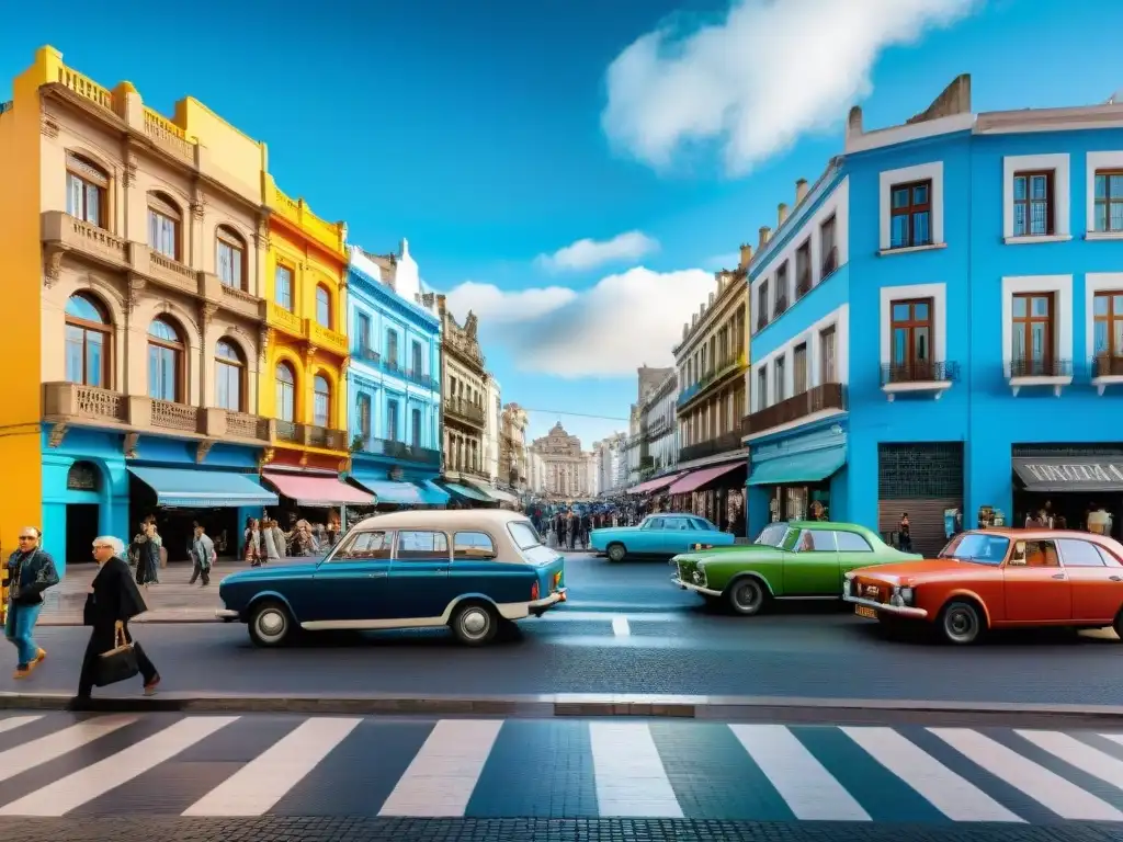 Una vibrante escena urbana en Montevideo, Uruguay, con edificios antiguos y modernos, vendedores callejeros, grafitis coloridos y autos vintage