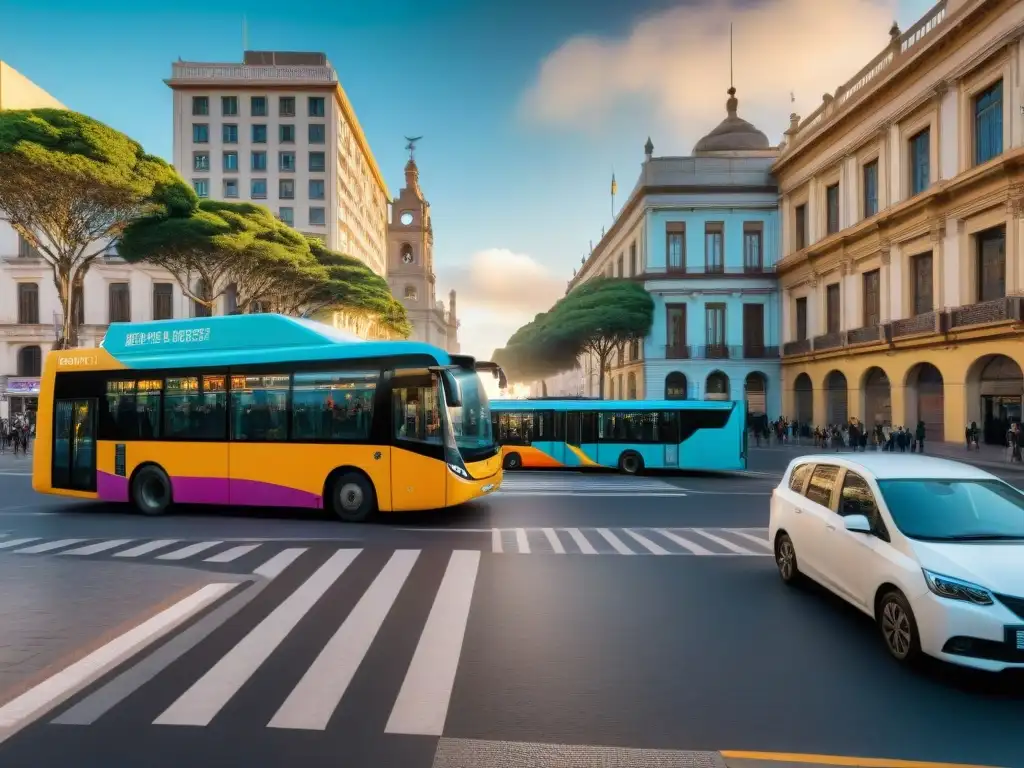 Vibrante escena urbana en Montevideo, Uruguay con variedad de transporte público y Apps actualizaciones tiempo real Uruguay