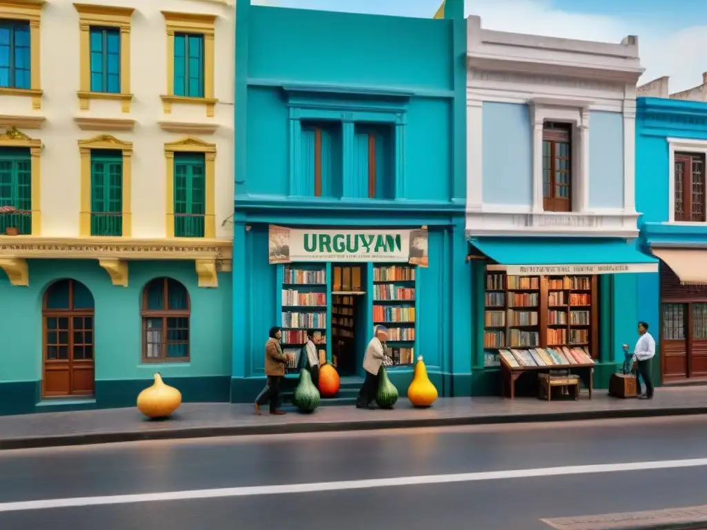 Un vibrante escenario callejero en Montevideo, Uruguay, con librerías locales, vendedores de mates y murales de escritores uruguayos