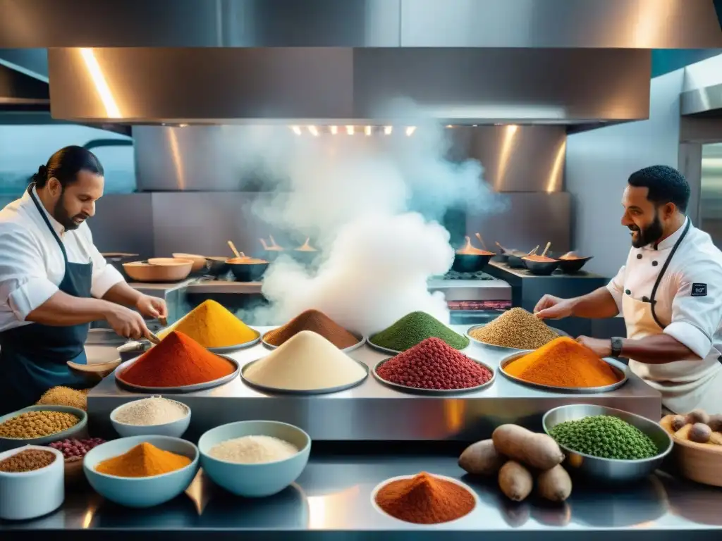 Un vibrante escenario culinario con chefs preparando platos de Cocina afrouruguaya auténtica y deliciosa, rodeados de ingredientes tradicionales