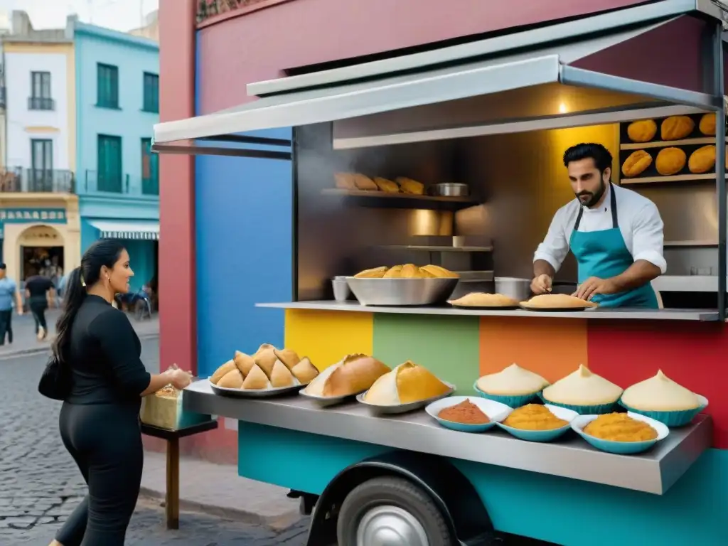 Un vibrante escenario urbano en Montevideo, Uruguay: arte callejero y gastronomía local se fusionan en una pintoresca escena