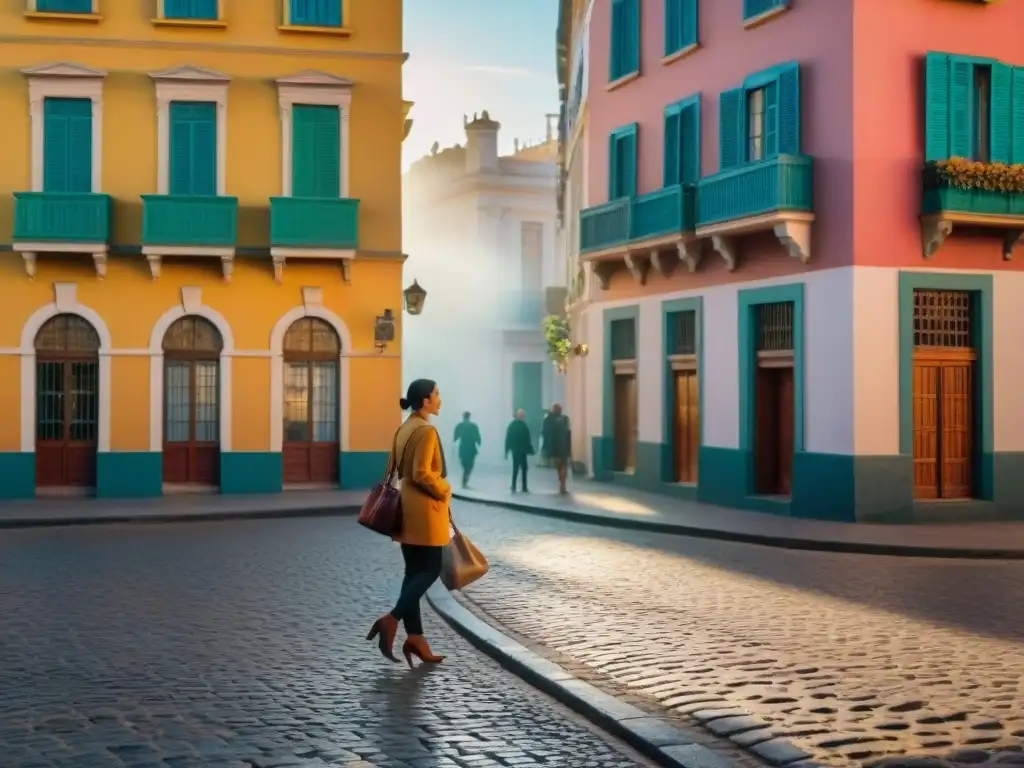 Vibrante esquina montevideana al atardecer, con sombras alargadas y edificios coloniales coloridos