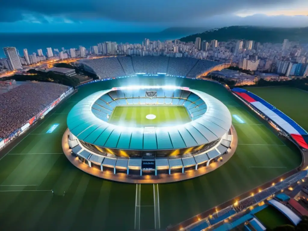 Vibrante Estadio Centenario de Uruguay durante un partido de fútbol, mostrando su arquitectura única y pasión de los aficionados