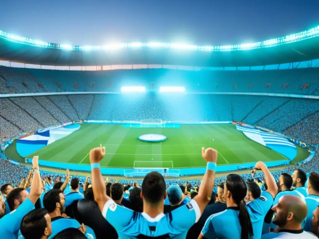 Vibrante estadio de fútbol en Uruguay, con hinchas animados y jugadores en pleno juego