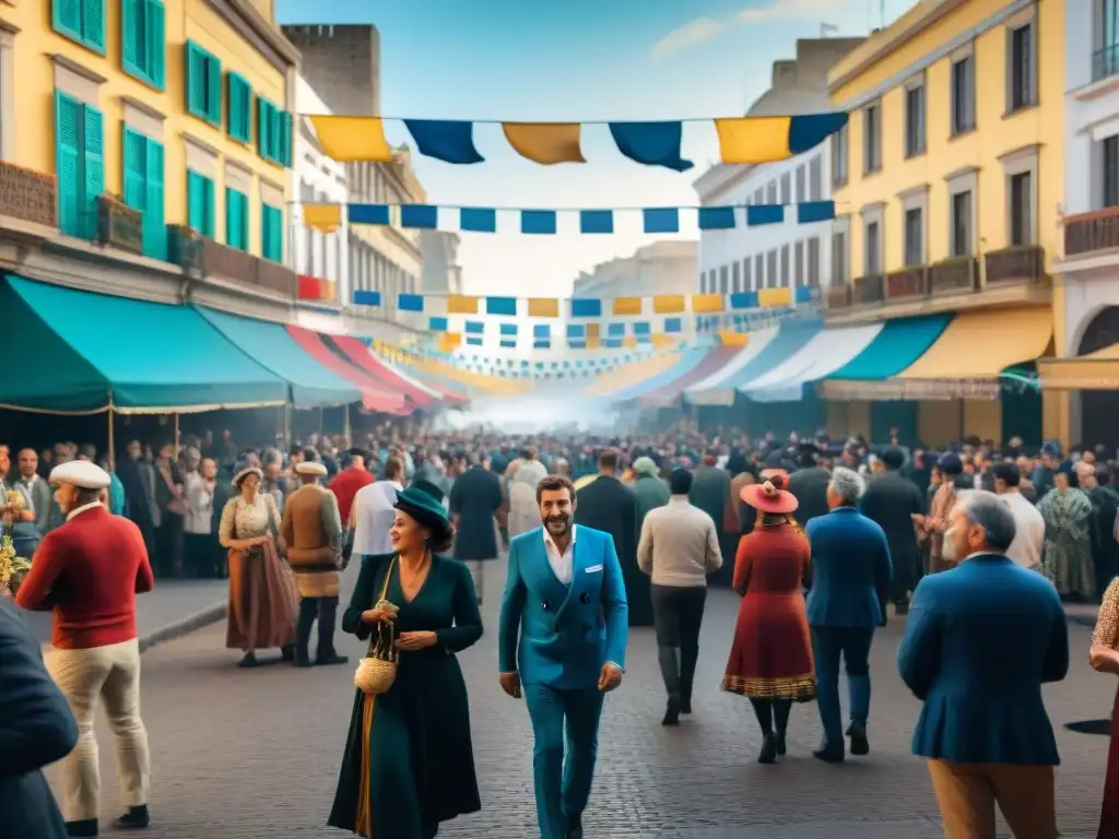 Un vibrante evento local en Montevideo, Uruguay, con artistas callejeros, puestos de mercado y edificios históricos