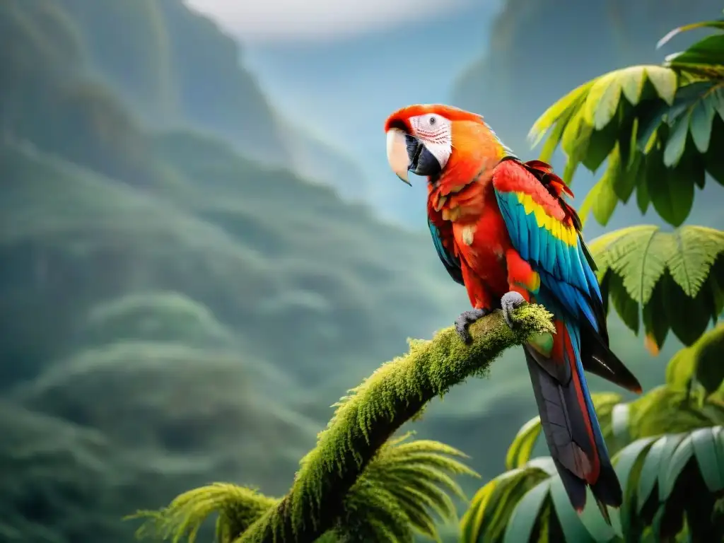 Vibrante Guacamayo Escarlata en la exuberante selva de Parque Nacional Cabo Polonio