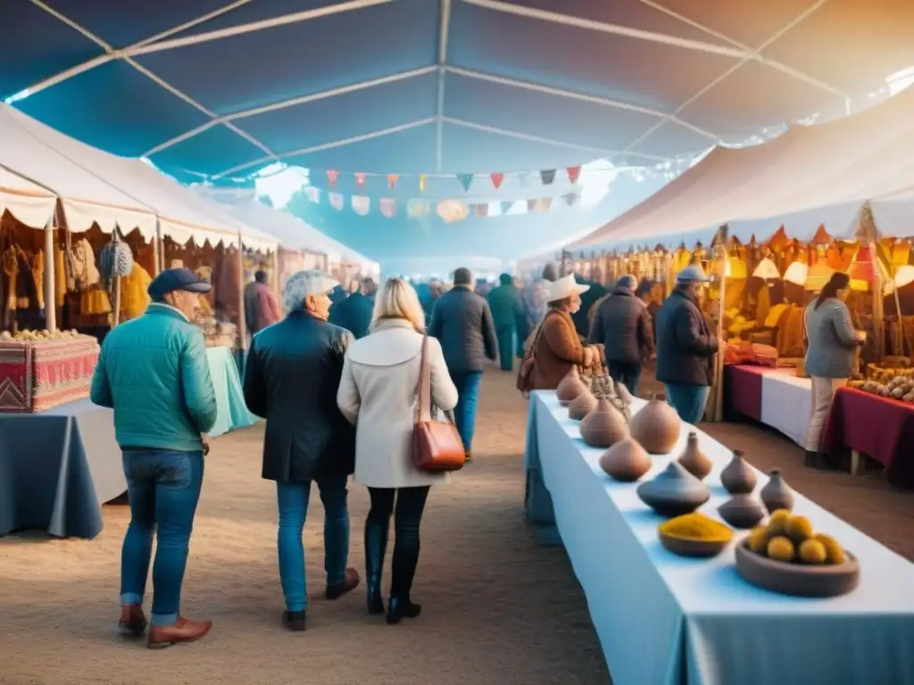 Vibrante feria artesanal en Uruguay: artesanos creando, visitantes explorando y colores vibrantes