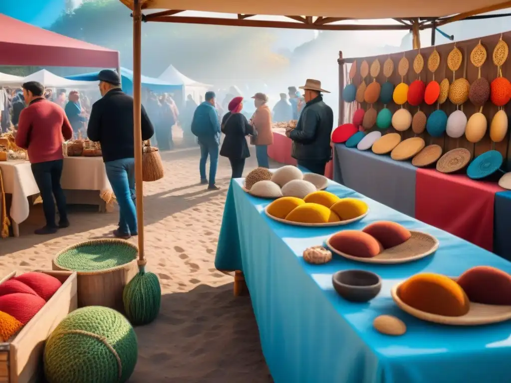 Vibrante feria artesanal en Uruguay: coloridas creaciones en puestos de madera, artesanos y música típica