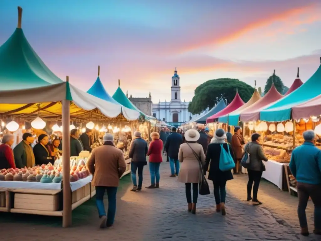 Una vibrante feria artesanal en Uruguay llena de colores y tradiciones, donde artesanos y visitantes se conectan en un ambiente festivo