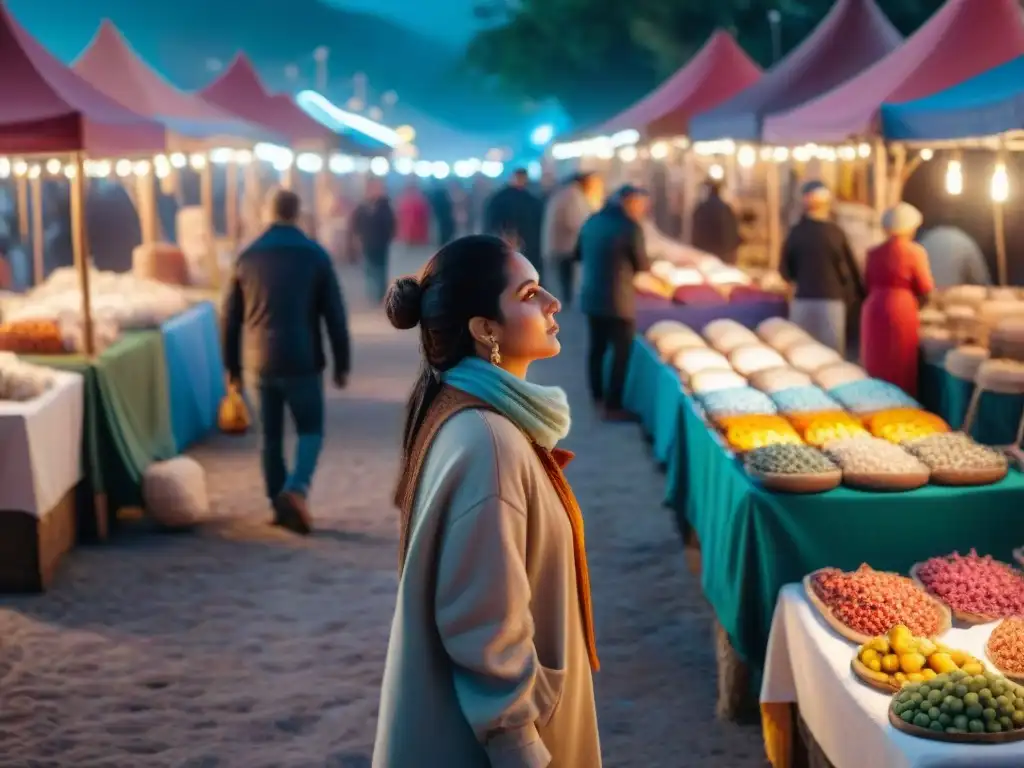 Vibrante feria artesanal nocturna en Uruguay con puestos de colores iluminados y artesanías únicas