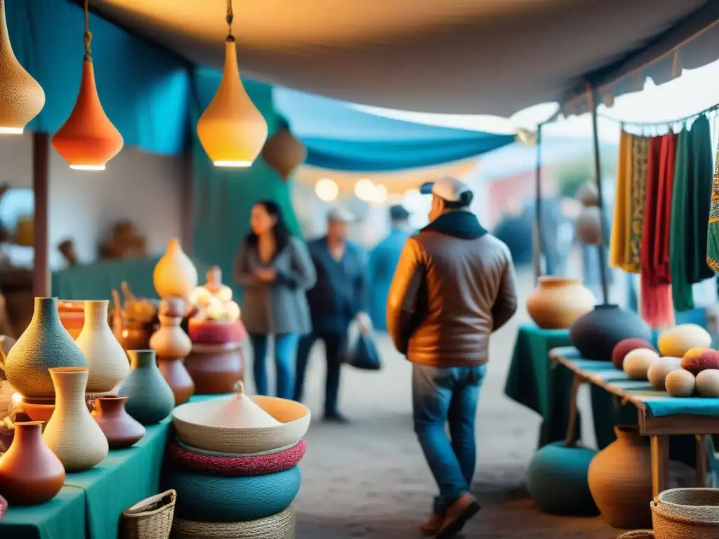 Vibrante feria artesanal en Uruguay con productos locales y artesanías, reflejando experiencias únicas