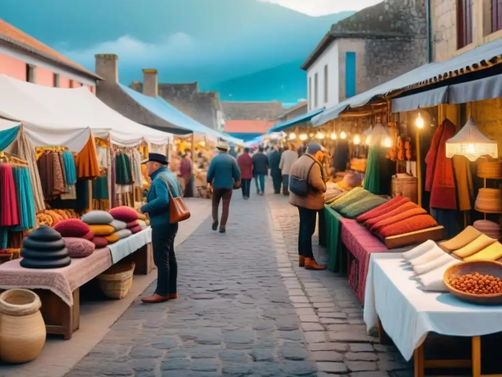 Vibrante feria artesanal en Uruguay, con textiles y artesanías locales bajo coloridos puestos de madera