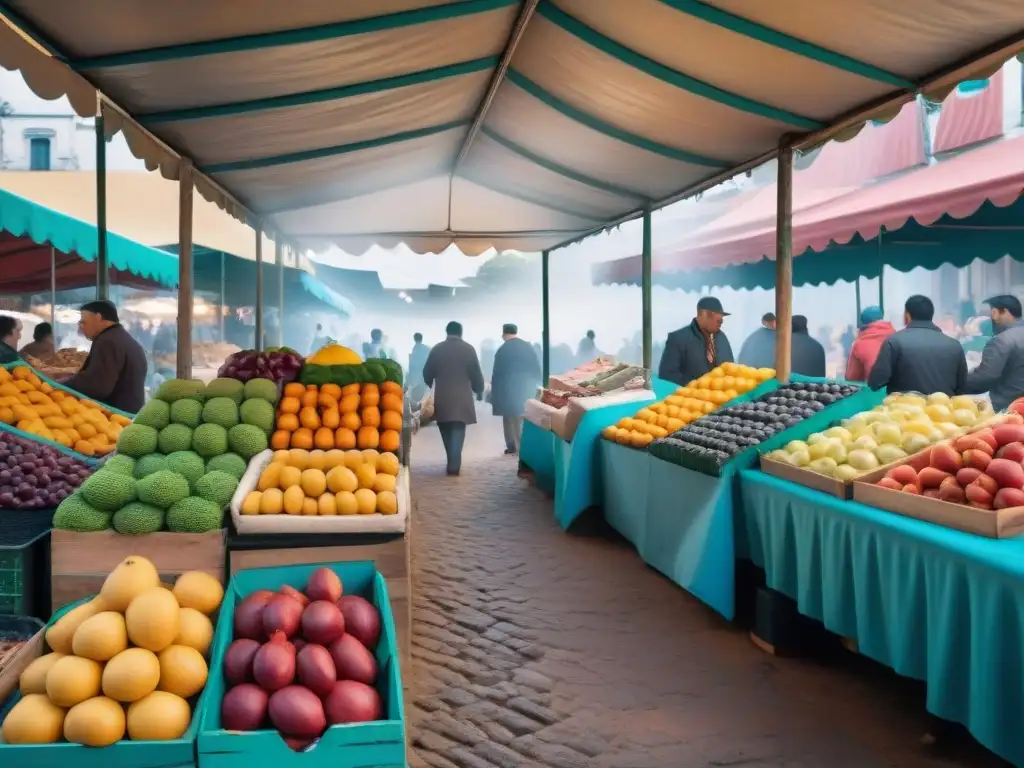 Vibrante feria gastronómica en Uruguay: coloridas frutas, platos tradicionales y experiencias auténticas entre vendedores y clientes diversos