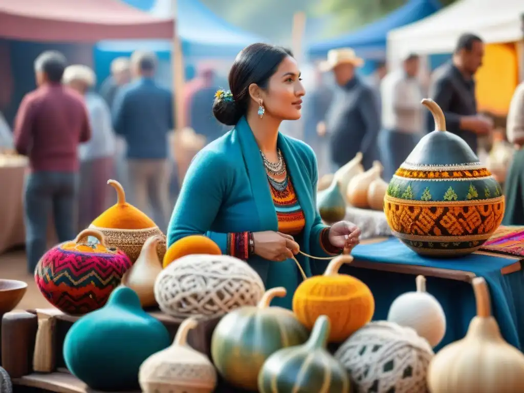 Vibrante feria local de artesanías uruguayas con mates, joyería de plata y textiles coloridos, rodeada de música y baile tradicional