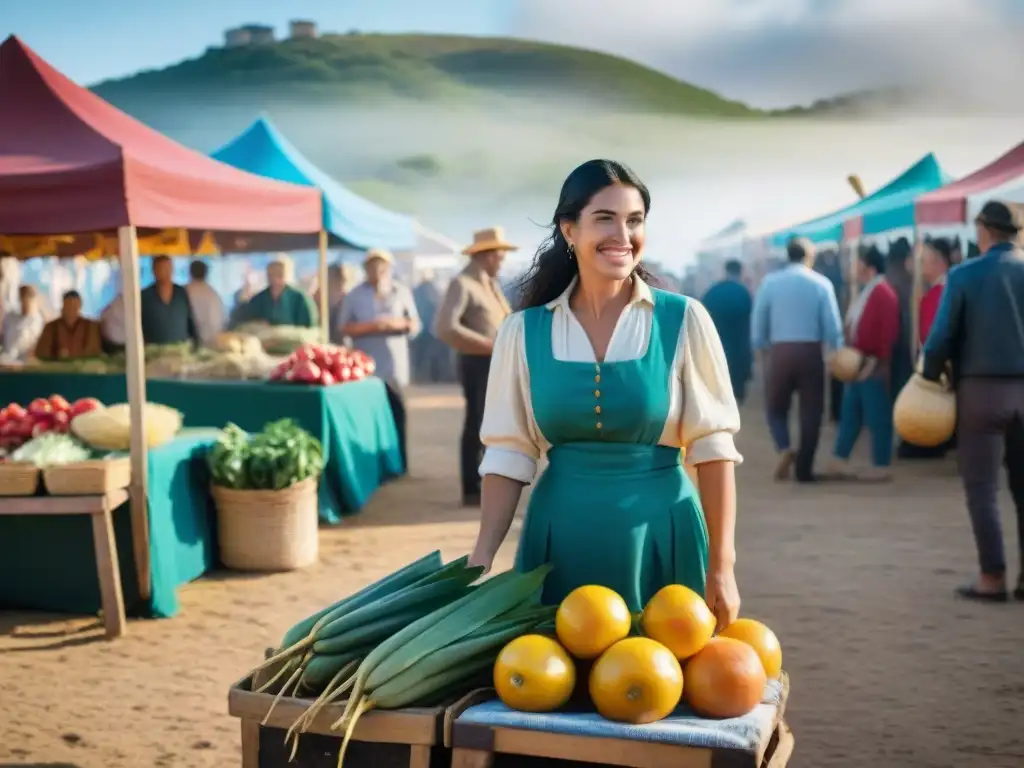 Vibrante feria rural en Uruguay con puestos coloridos y ambiente comunitario