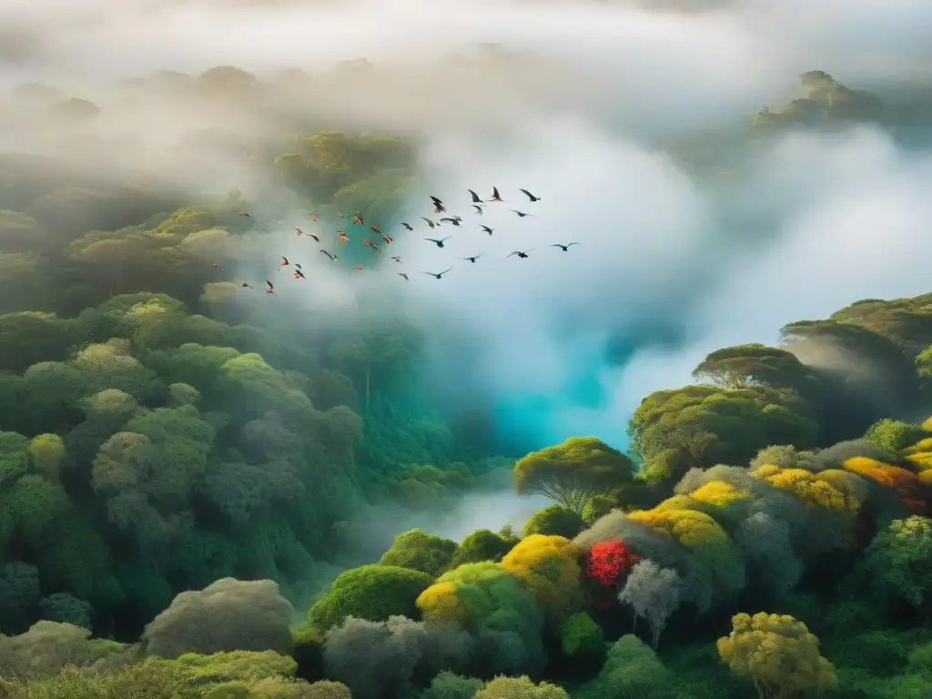 Un vibrante festival de aves en vuelo sobre un exuberante bosque en Uruguay