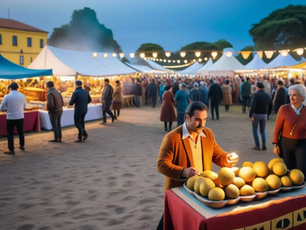 Un vibrante festival en la Fiesta Nacional del Mate Uruguay, con gente disfrutando de artesanías y comida local en un ambiente festivo