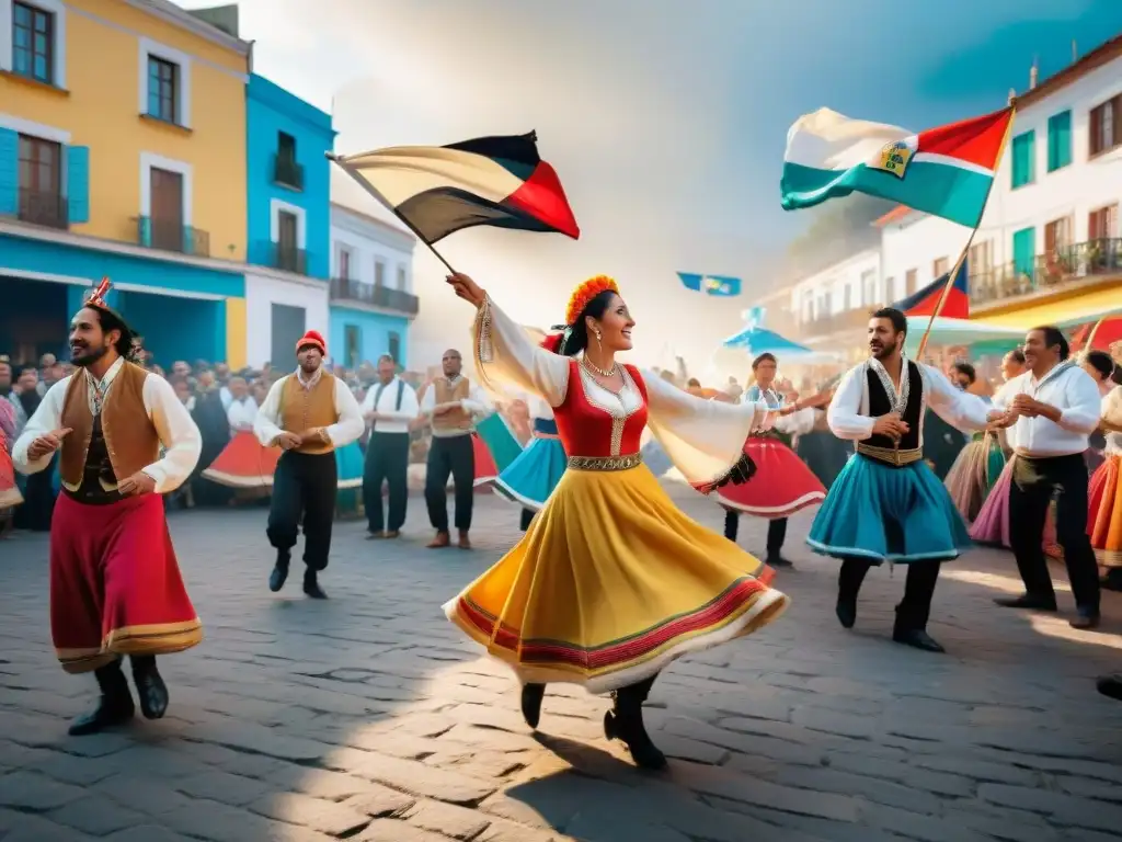 Vibrante festival de folklore en festividades uruguayas con músicos, bailarines y espectadores animados