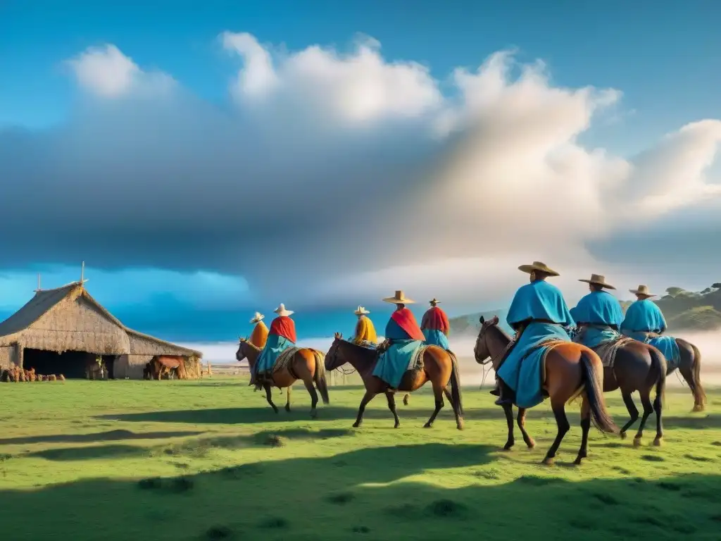 Vibrante festival gaucho en Uruguay, vida rural con gauchos bailando y coloridos ponchos bajo cielo azul