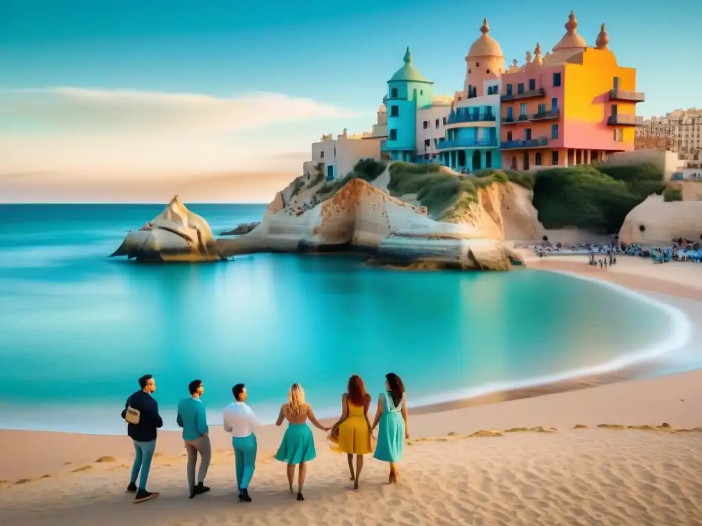 Un vibrante festival de primavera en La Pedrera: jóvenes bailando en la playa al ritmo de la música, bajo el sol radiante