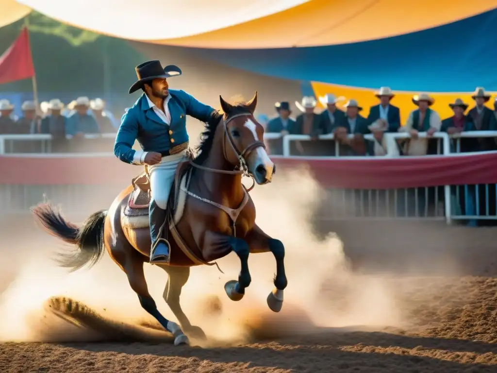 Un vibrante festival de rodeo gauchesco uruguayo, con jinetes hábiles y coloridas tradiciones y festividades uruguayas auténticas