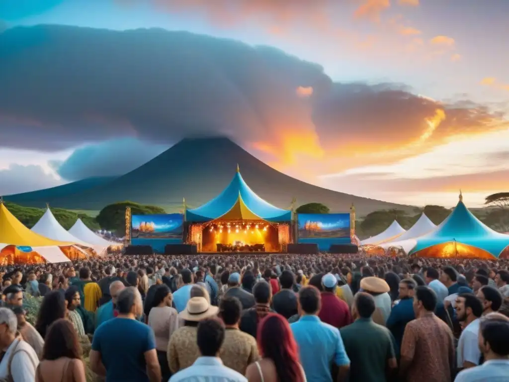 Un vibrante festival de música en Uruguay con música en vivo, comida y bailes tradicionales bajo un atardecer encantador