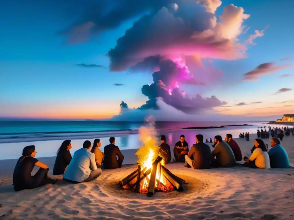 Vibrante Fiesta de San Juan en Uruguay: gente alrededor de una fogata en la playa al atardecer, con chispas en el aire