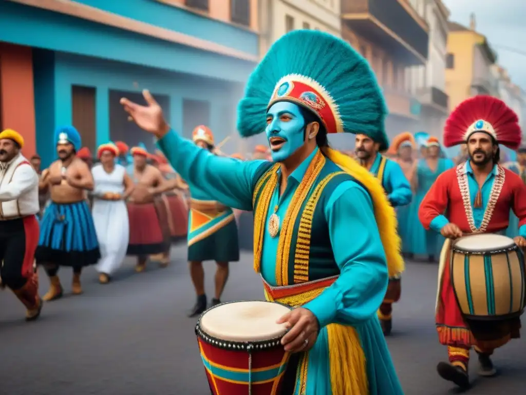 Un vibrante grupo de artistas de murga uruguaya, en trajes coloridos, tocando tambores y cantando con alegría en Montevideo durante el Carnaval