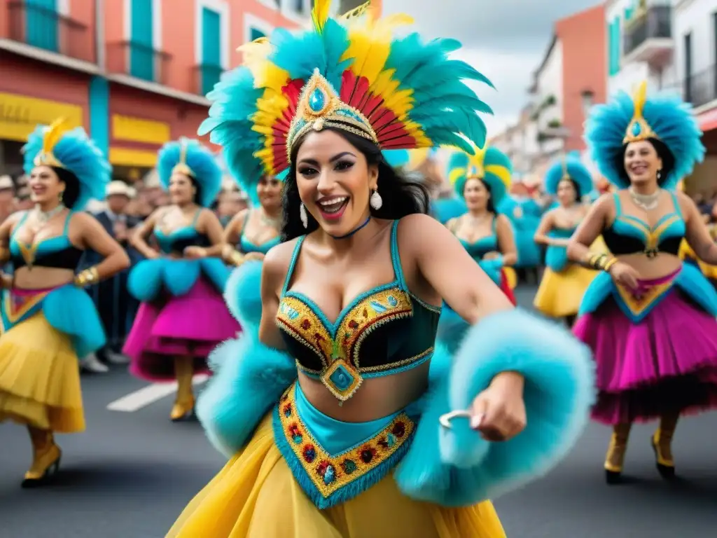 Fotografía de un vibrante grupo de bailarines en el carnaval uruguayo, con trajes coloridos y expresiones exuberantes