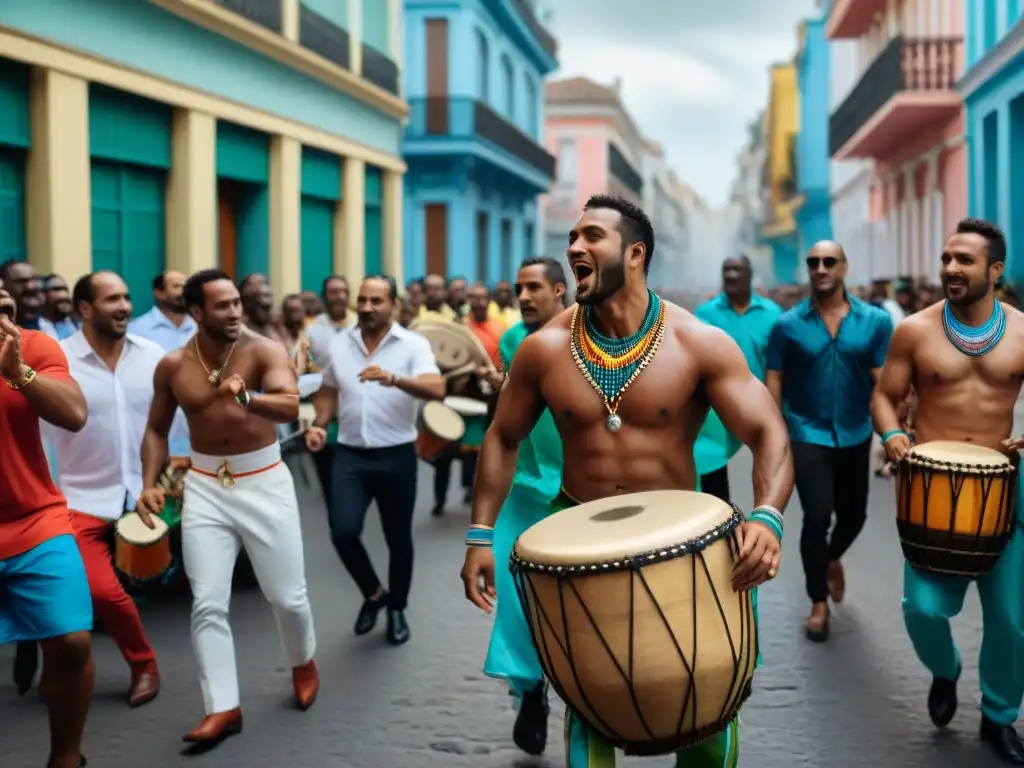 Un vibrante grupo de músicos afro-uruguayos tocando tambores de candombe en Montevideo, fusionando raíces africanas con música uruguaya